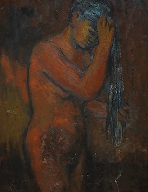 20th century School, oil on board, Study of a nude woman, 49 x 39cm. Condition - fair